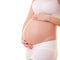 Image of pregnant woman touching her big belly. Close up. Motherhood, pregnancy, people and expectation concept. Pregnant woman