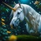 image presents a scene of a majestic unicorn in a stunning garden
