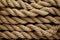 This image provides a detailed close up view of a rope, showcasing its twisted fibers, ideal for knot tying and securing objects,