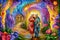 image of psychedelic impasto thick oil painting of a pixel cartoon love couple outdoor.