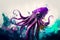 Image of purple octopus floating in the water with bubbles and bubbles around it. Generative AI