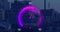 Image of purple speedometer over cityscape
