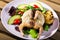 Image of quail-tobacco with sesame which served with salad of avocado and greenery