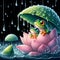 image of the raining scenery where frogs are under a flower soaking wet in a crystal style art.