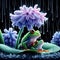 image of the raining scenery where frogs are under a flower soaking wet in a crystal style art.