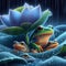 image of the raining scenery where frogs are under a flower soaking wet in a crystal style art.