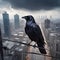 image of raven bird standing on a thin electric wire at a huge height, on a busy street landscape, skyscrapers, cars.