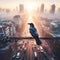 image of raven bird standing on a thin electric wire at a huge height, on a busy street landscape, skyscrapers, cars.