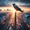 image of raven bird standing on a thin electric wire at a huge height, on a busy street landscape, skyscrapers, cars.