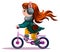 image of a red-haired girl with headphones in the form of a bunny riding a bicycle