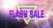 Image of retro flash sale text with glowing neon triangles and pink light trails in background