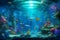 image reveals an aquarium teeming with fantasy future holographic fish