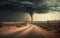 image, road in the desert and in the background a big tornado,generative ai