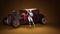 Image robot poses with the retro car. Portrait, fantasy picture with artificial intelligence for poster, wallpaper, background.