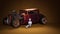 Image robot poses with the retro car. Portrait, fantasy picture with artificial intelligence for poster, wallpaper, background.