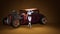 Image robot poses with the retro car. Portrait, fantasy picture with artificial intelligence for poster, wallpaper, background.