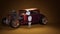 Image robot poses with the retro car. Portrait, fantasy picture with artificial intelligence for poster, wallpaper, background.