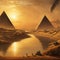 Image of a serene, epic ancient Egyptian Nile River desert scene at sunset, with warm golden tones