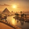 Image of a serene, epic ancient Egyptian Nile River desert scene at sunset, with warm golden tones