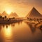 Image of a serene, epic ancient Egyptian Nile River desert scene at sunset, with warm golden tones