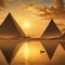 Image of a serene, epic ancient Egyptian Nile River desert scene at sunset, with warm golden tones