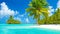 An image of a serene tropical island with crystal-clear turquoise waters and lush palm trees
