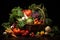 This image showcases a bountiful basket filled to the brim with a wide variety of fresh, vibrant, and healthy vegetables, An