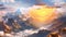 This image showcases a captivating painting of a sunset casting its warm hues over a majestic mountain range, Glorious sunrise
