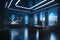 image showcases a futuristic office space adorned with a sophisticated blend of blue and dark-toned decorations.