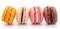 This image showcases a some of vibrant macarons, each representing a different flavor, isolated against a white background