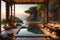 The image showcases a stone bathroom balcony, where a luxurious tub glows