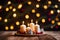 image showcases a wooden table beautifully adorned with an array of candles and festive Christmas decorations