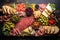 Image showcasing the ingredients for a gourmet charcuterie board, including freshly sliced salami, various cheeses, pickles,