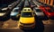 The image shows an array of cars parked in a parking. A parking lot filled with lots of different colored cars