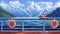 The image shows a cruise ship deck with an ocean view and a mountain landscape cartoon background. A yacht boat railing