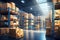 The image shows a logistics warehouse with various items. Neatly arranged on shelves and ready for sale.by Generated AI