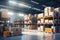 The image shows a logistics warehouse with various items. Neatly arranged on shelves and ready for sale.by Generated AI