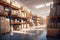 The image shows a logistics warehouse with various items. Neatly arranged on shelves and ready for sale.by Generated AI