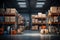 The image shows a logistics warehouse with various items. Neatly arranged on shelves and ready for sale.by Generated AI