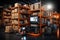 The image shows a logistics warehouse with various items. Neatly arranged on shelves and ready for sale.by Generated AI