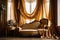 The image shows a luxurious living room with a plush velvet couch positioned under a canopy of gold curtains. The sunlight streams