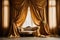 The image shows a luxurious living room with a plush velvet couch positioned under a canopy of gold curtains. The sunlight streams