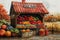 The image shows a rustic farm stand offering a colorful bounty of fresh produce with a \\\