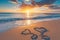 The image shows two hearts drawn in the sand on a beach, with the waves crashing in the background, A beautiful sunrise over a