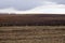 The image shows a vast, barren field with a line of trees in the background under a cloudy sky