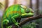 Image of side view of a green chameleon on a branch on natural background. Wild Animals. reptile, illustration. Generative AI