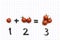 Image of simple math addition operation for kids, math operation with white background made with tomatoes