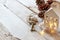 Image of small miniature house and old key over rustic wooden table