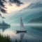 image of a small sail boat in the serene lake with trees and plants in spring colors around by foggy mountains.