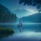 image of a small sail boat in the serene lake with trees and plants in spring colors around by foggy mountains.